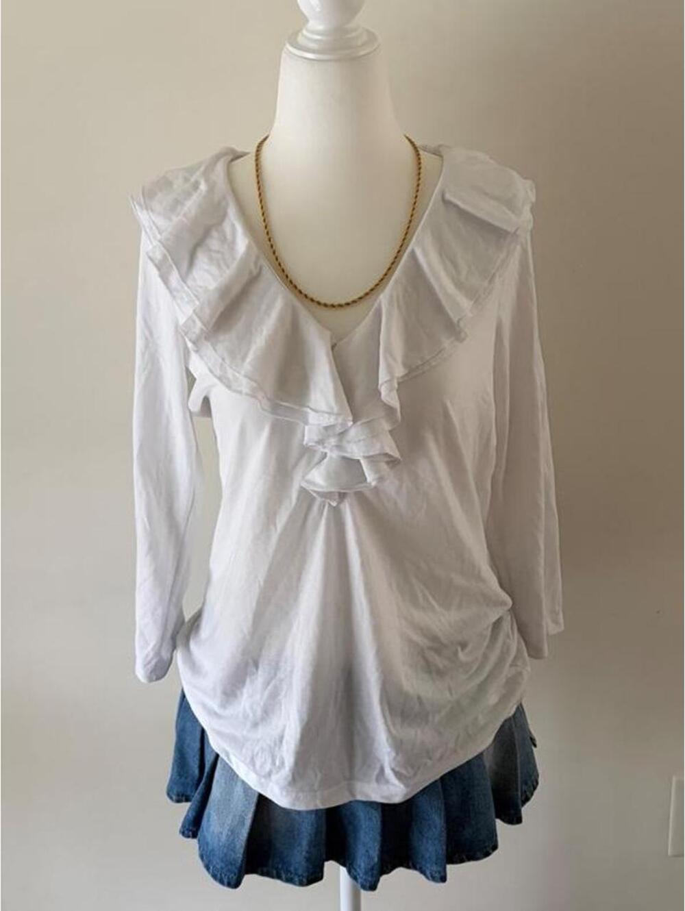 Vintage Chaps White Ruffle Collar Long Sleeve Blouse Top 🤍